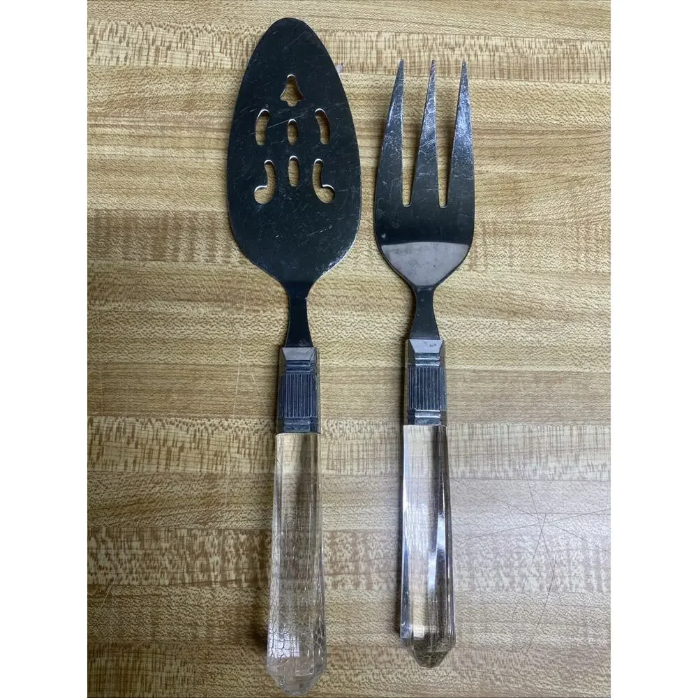 Vintage MCM Fork And Pie Server Lucite Acrylic Flatware Stainless Steel Taiwan